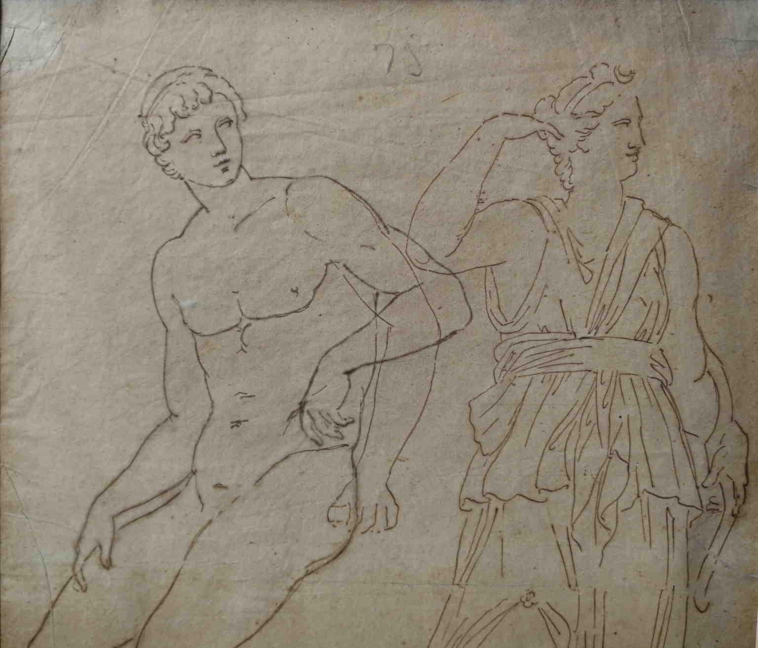 Disegno figurativo fronte retro neoclassico dall'antico del XIX secolo su carta - Art by Unknown