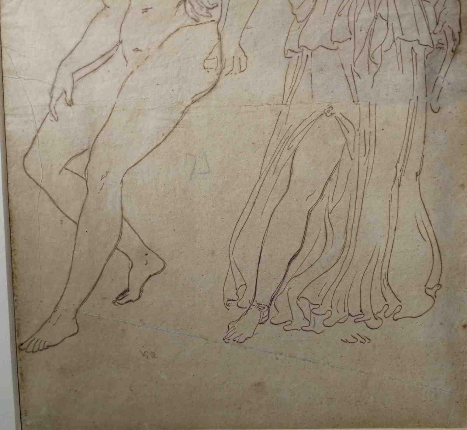 Questo disegno (matita su carta 37,5 x 24 cm) su carta vergellata orizzontale con doppia filigrana ( giglio coronato di Strasburgo e cartiglio con il monogramma CM) è uno studio accademico basato su un soggetto dall'antico.
In grafia moderna a