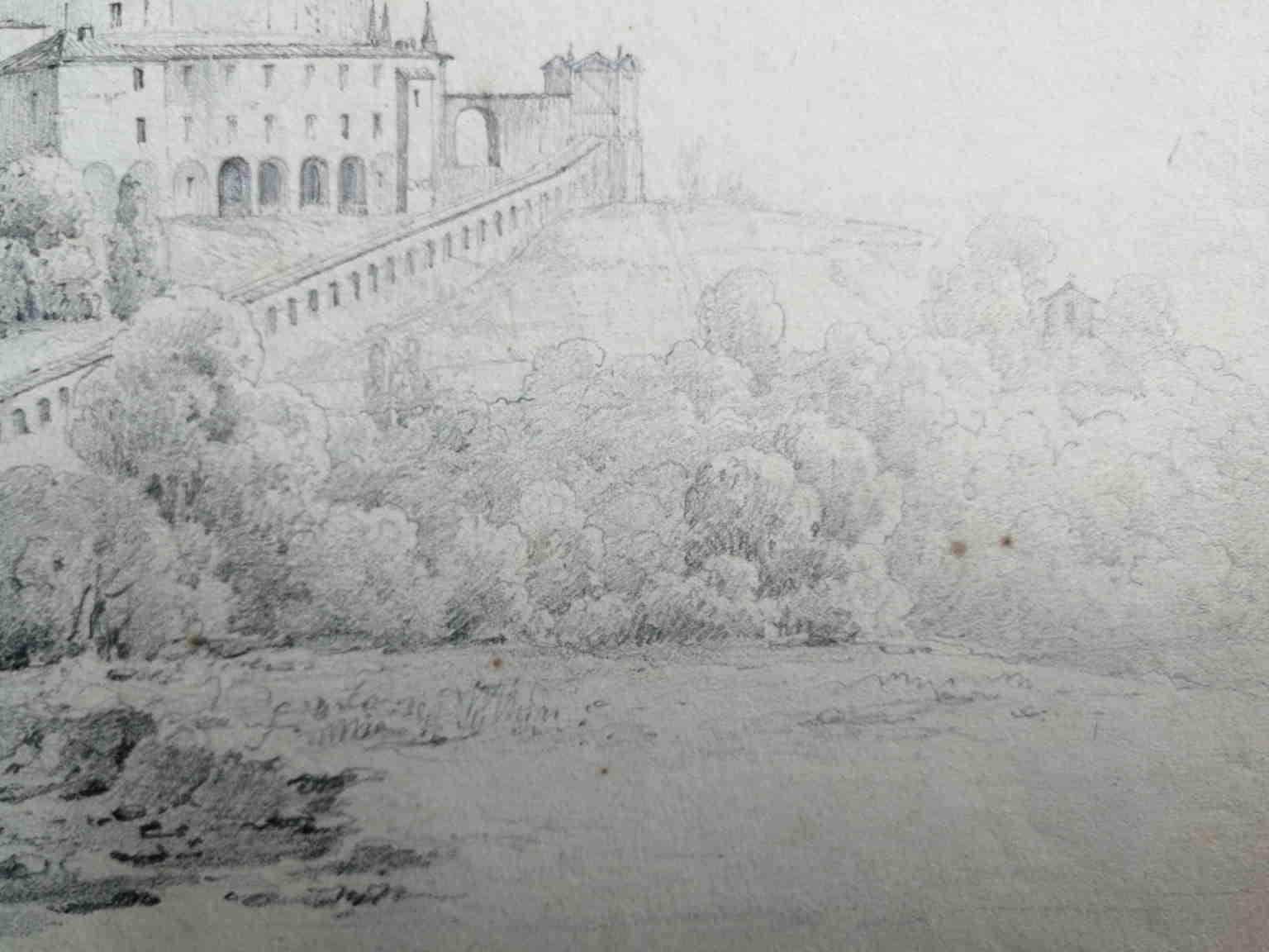 Disegno figurativo francese paesaggio italiano neoclassico del XIX secolo - Landscape Art Grigio di Unknown
