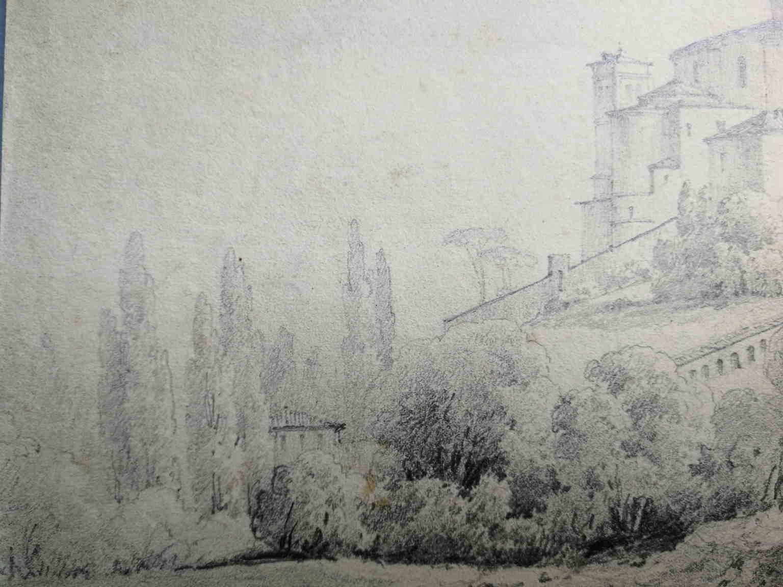 Il piccolo ma ben definito disegno raffigura una veduta dettagliata del Santuario della Madonna di San Luca, sul colle della guardia a Sud Ovest della città di Bologna.

Può essere attribuito ad un artista francese venuto in Italia in viaggio o per