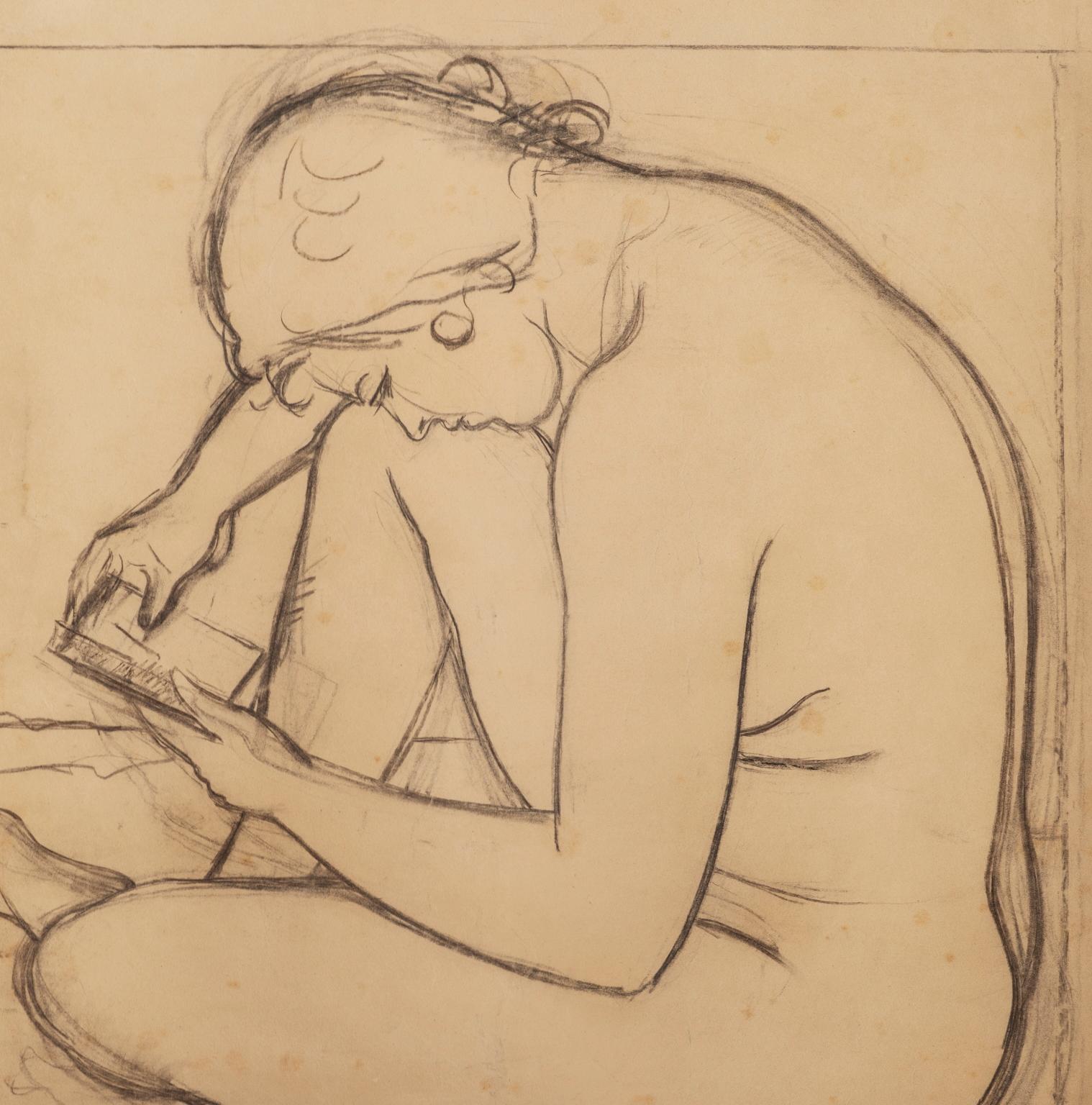 Figurative drawing 20th century Italian female nude portrait on paper - Art by Giovanni Colacicchi