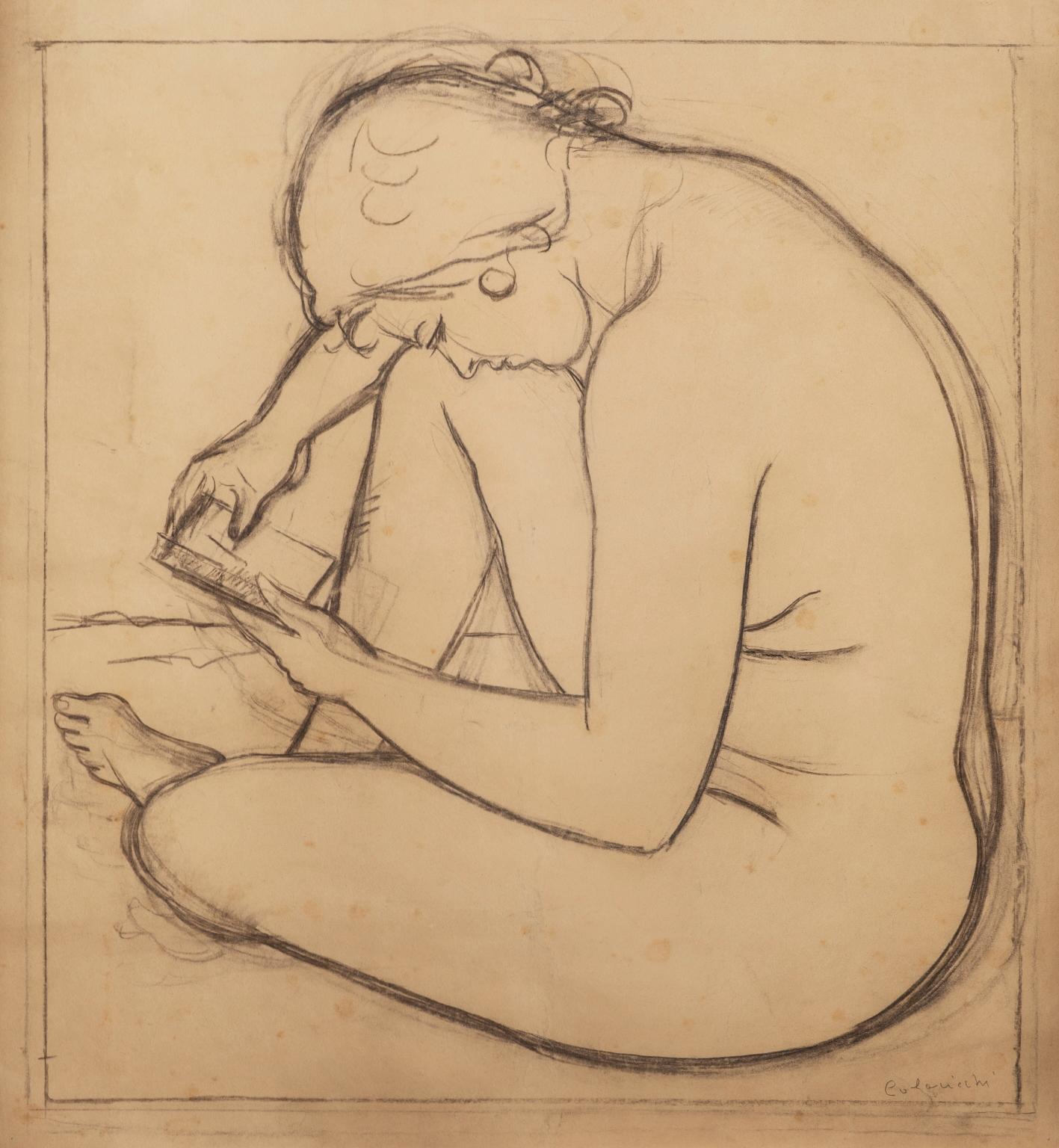 Figurative drawing 20th century Italian female nude portrait on paper - Other Art Style Art by Giovanni Colacicchi