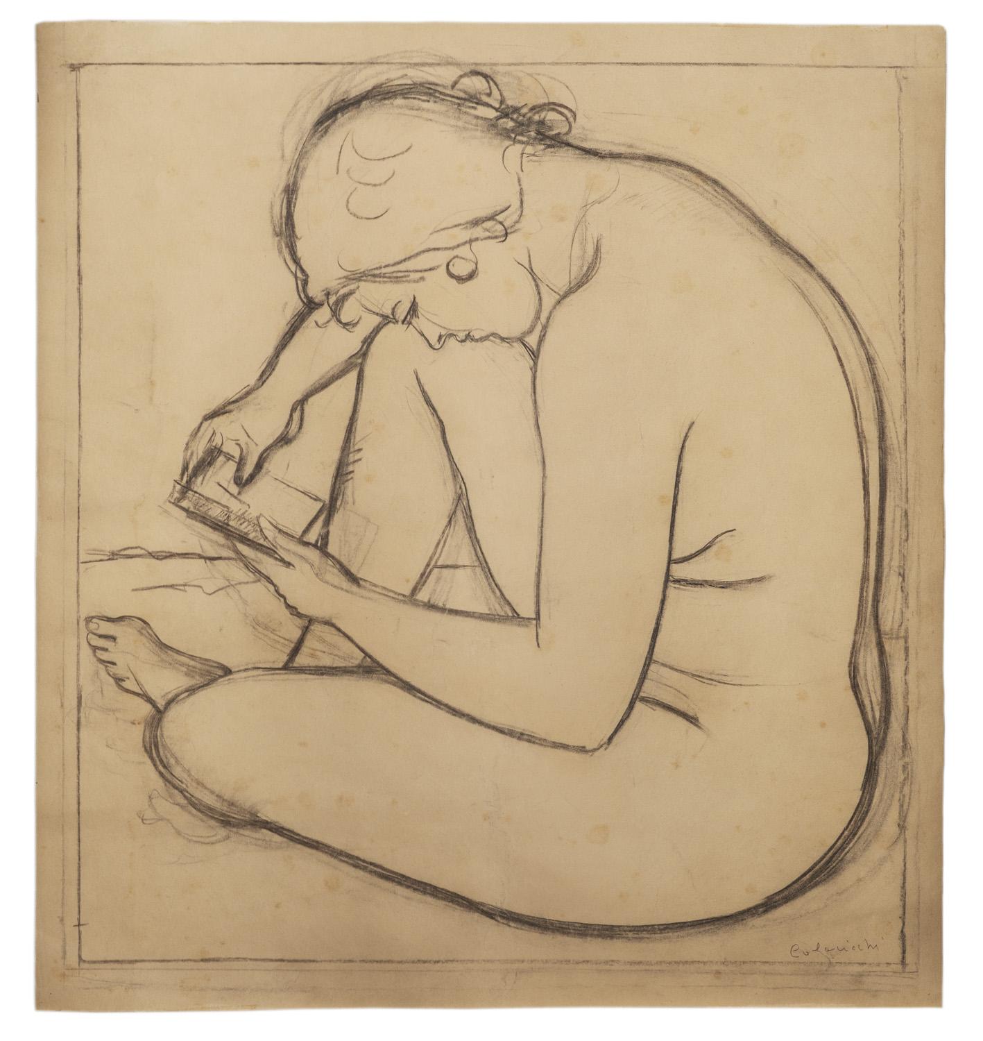 The drawing, signed at lower right in cursive Colacicchi pencil, is a study for the various paintings dedicated to the figure of the Sibyl, specifically the one exhibited in the Circolo di Cultura Gallery in Bologna in May 1959. There is another