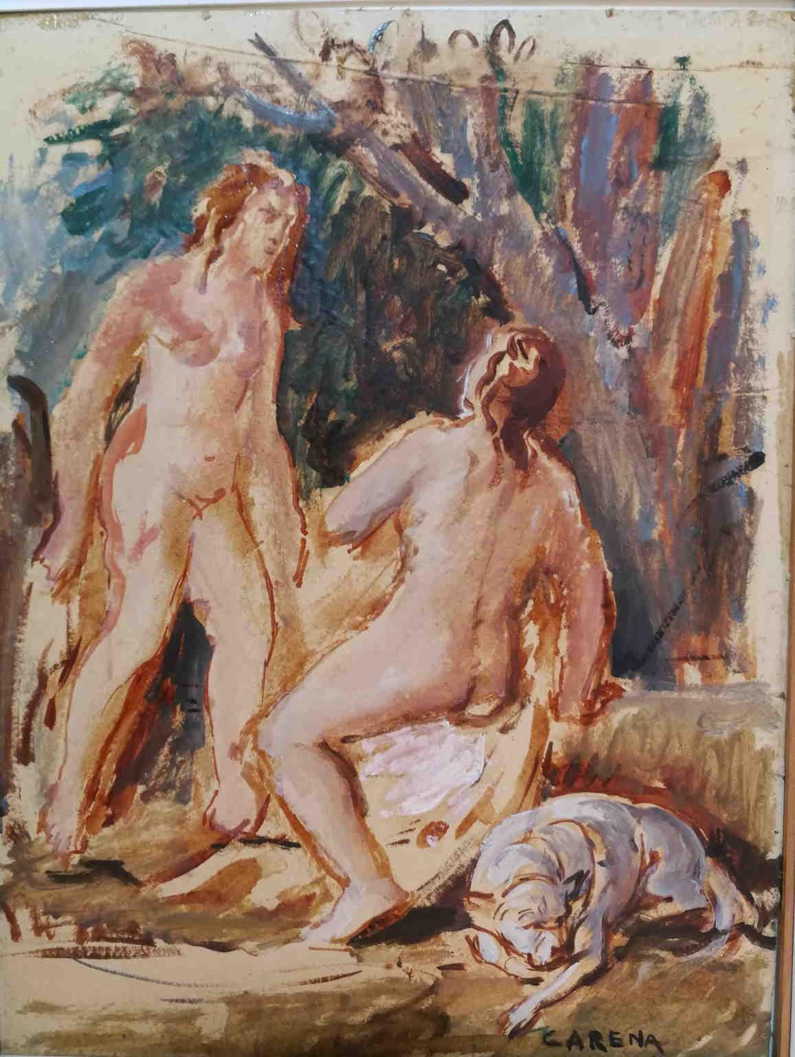 Watercolor on paper Italian expressionist figurative nude second quarter 1900 - Art by Felice Carena