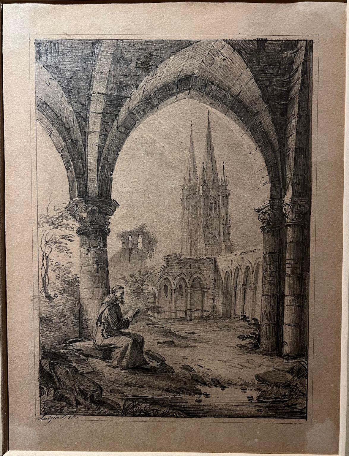 Disegno figurativo religioso italiano gotico del XIX secolo matita su carta