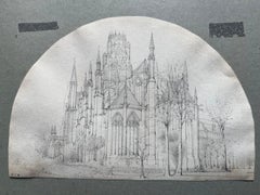 Disegno francese figurativo paesaggio architettura religiosa del XIX secolo