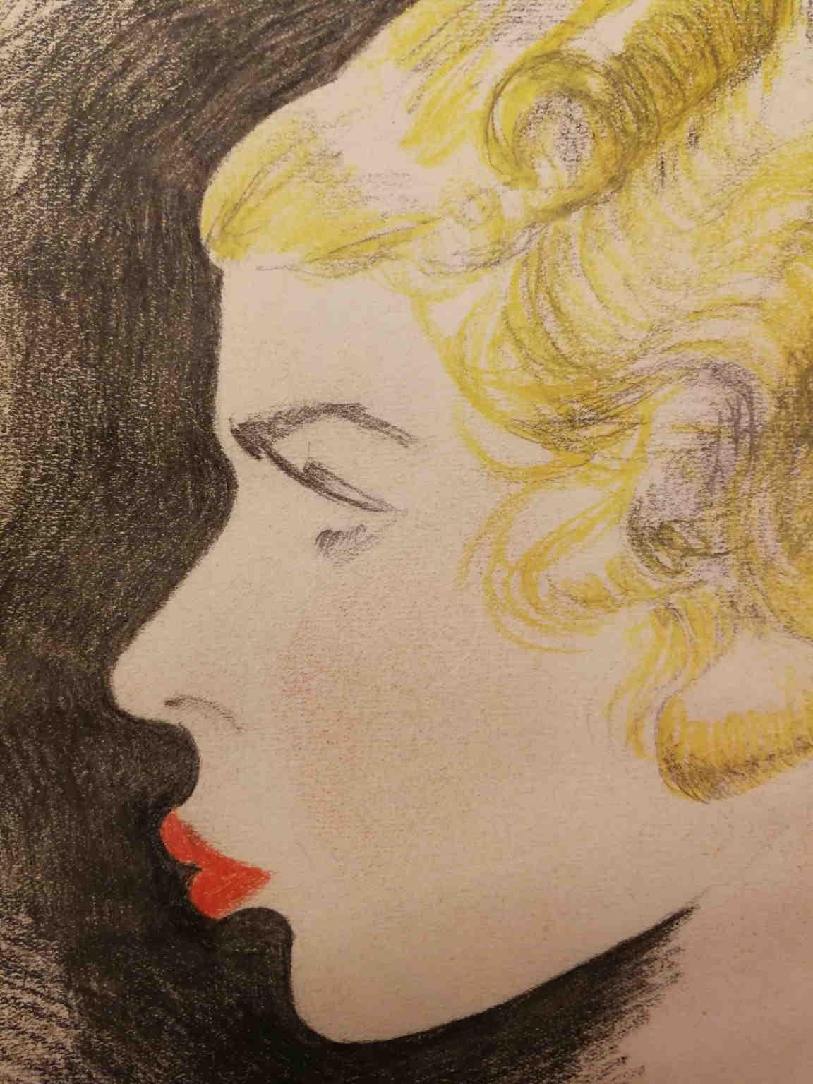 Thirties female fashion figurative portrait drawing on paper - Brown Figurative Art by Unknown