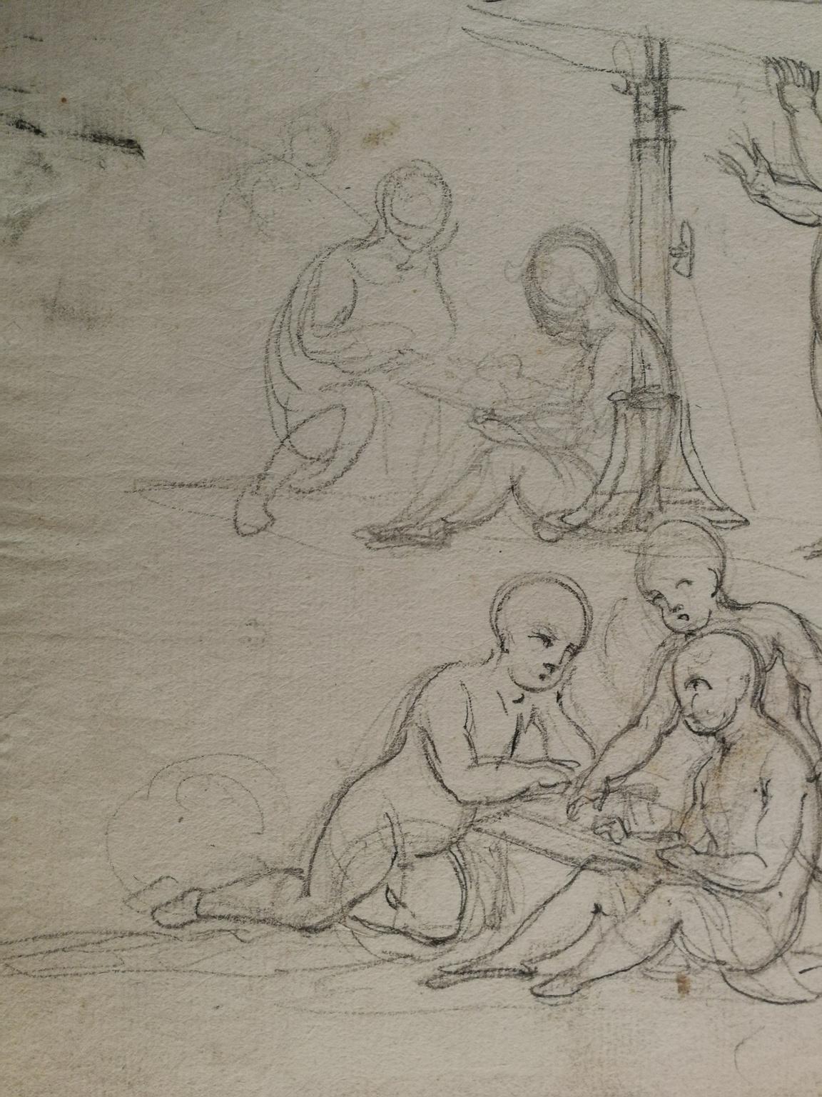 This small study on paper, 18 x 21 cm, depicts a group of nude putti, about 7 of them, in small groups engaged in various activities, of which we can recognize that of the three in the upper left, namely looking through a long telescope; the others,