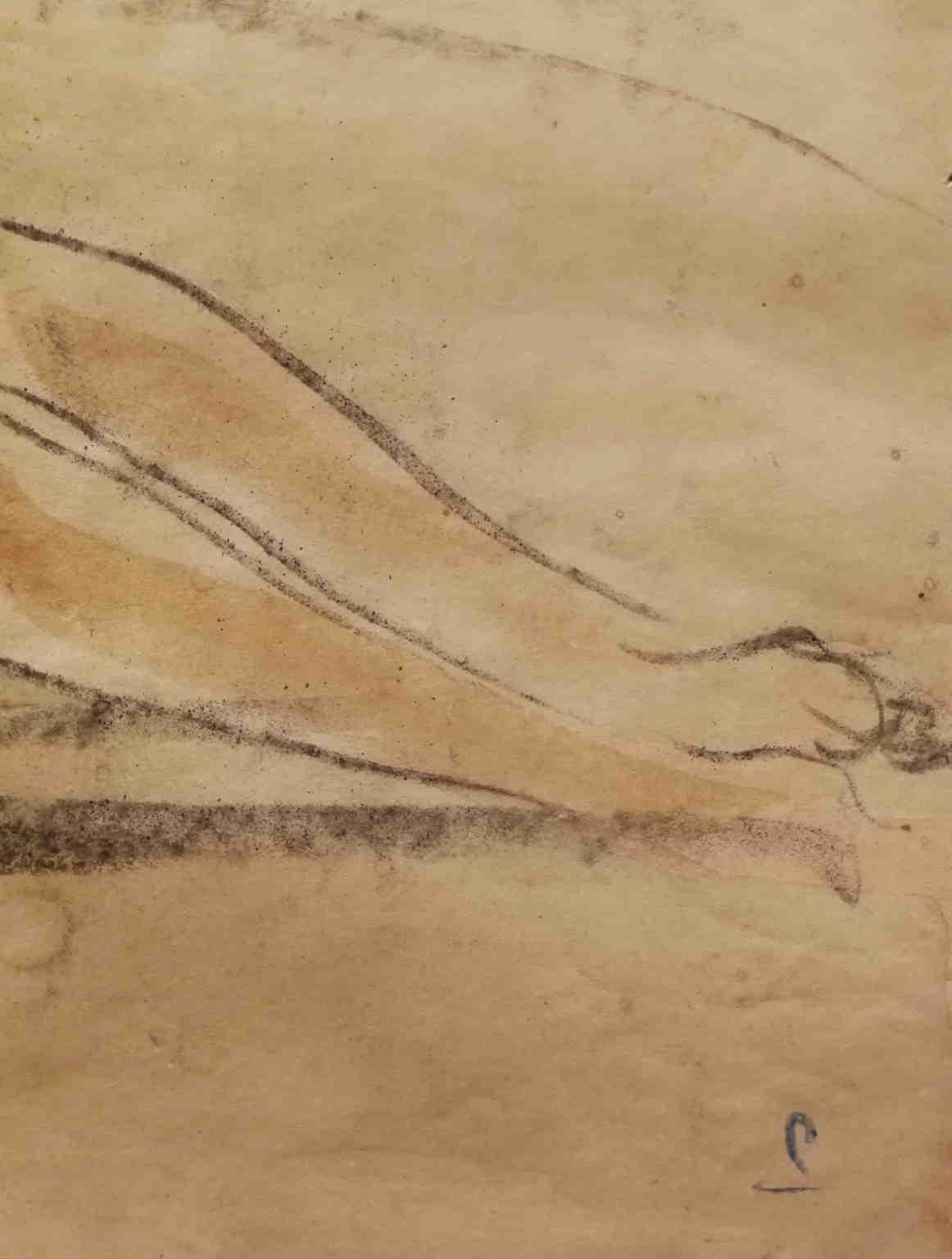 This drawing (charcoal pencil on paper, 49 x 62 cm) is definitely a live study of a female figure, depicted nude in a semi-recumbent pose resting on her arm reminiscent of that of ancient sculptures, but with her gaze turned toward the viewer. A