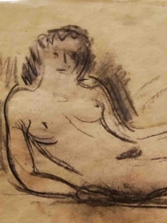 Figurative drawing study 20th century female nude portrait on paper
