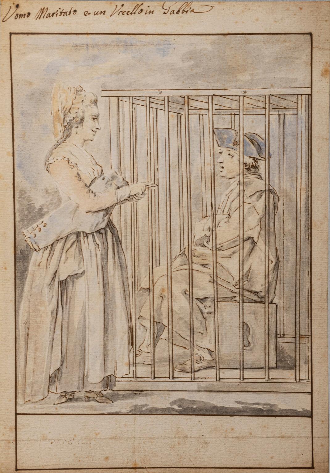 Disegno rococò fiorentino figurativo satirico del XVIII secolo acquerello