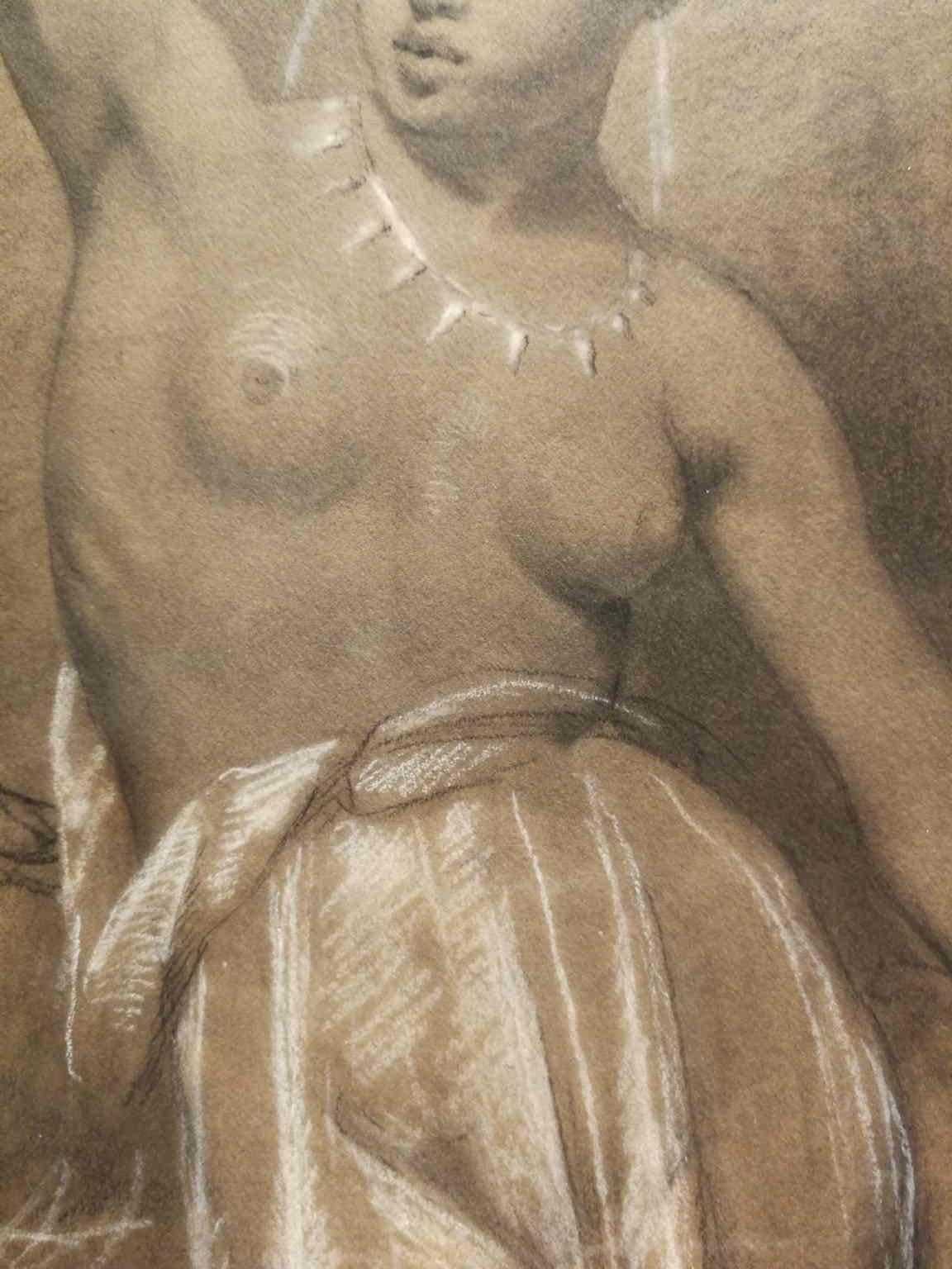 Die Zeichnung (59 x 41 cm; mit geschnitztem und vergoldetem Holzrahmen 92 x 73 cm) zeigt auf der linken Seite einen kleinen Putto im Flug, der seine Arme in einer Bewegung hebt, die zusammen mit der Pose der Dame in der Mitte an eine Tanzszene zu