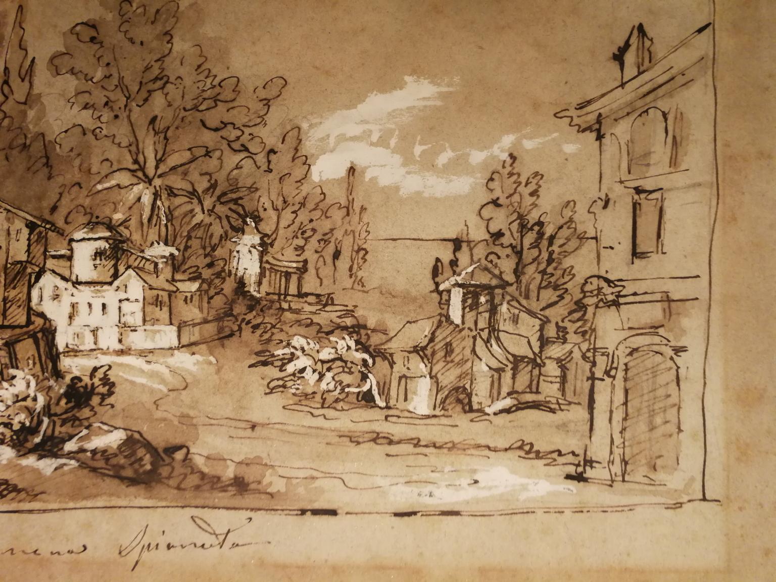 La hoja tiene dos caras (27,8 x 39,2 cm). 
En el anverso (tinta acuarelada, plomo blanco) se representa un pueblo rural, en el que también se vislumbra una iglesia, caracterizado por varios edificios de diferentes estilos arquitectónicos y el