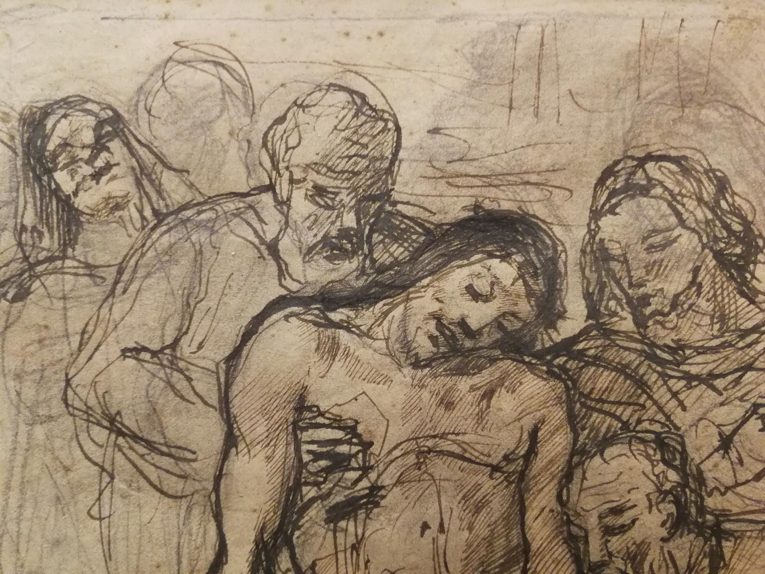 Florentine religious figurative drawing from the 20th century front back - Brown Figurative Art by Giuseppe Fraschetti