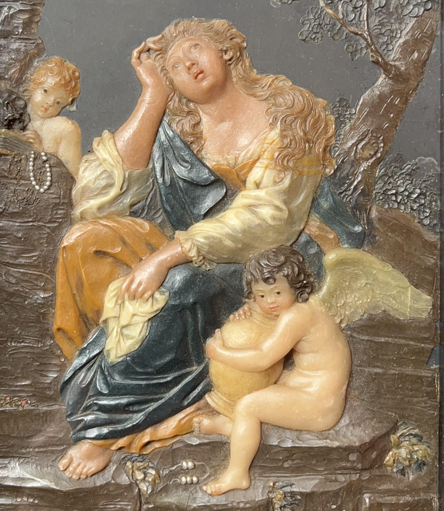 Baroque wax religious figurative bas-relief from the 18th century For Sale 1