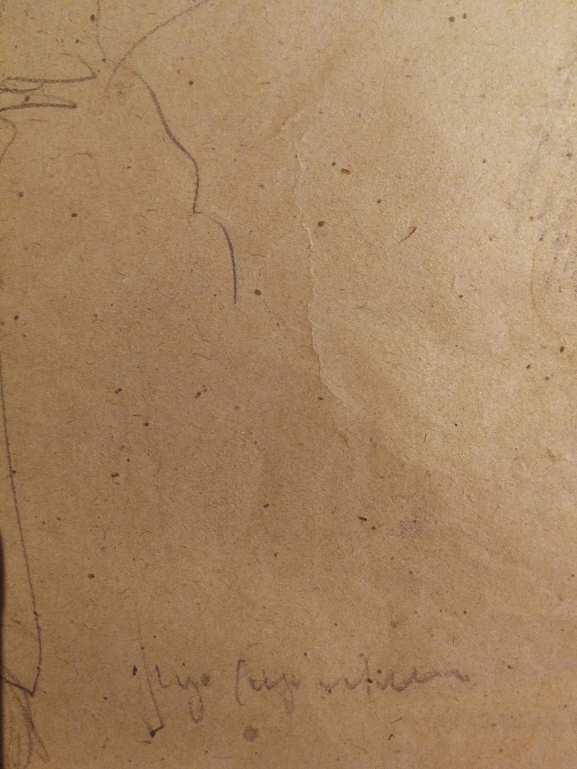 El dibujo, realizado en cartulina de 32,5 x 23,5 cm, está firmado en la parte inferior derecha con la inscripción 