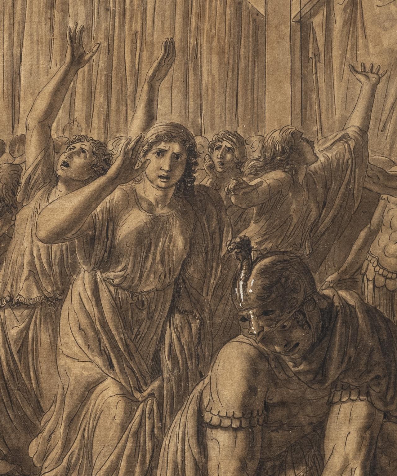 Drawing Graphite, pen and brown and black ink, gray and sepia watercolor, white lead elevations on ivory virgin paper. (440 x 610 mm)
Title: Achilles' sorrow over the death of Patroclus
Titled, dated and located at lower right 