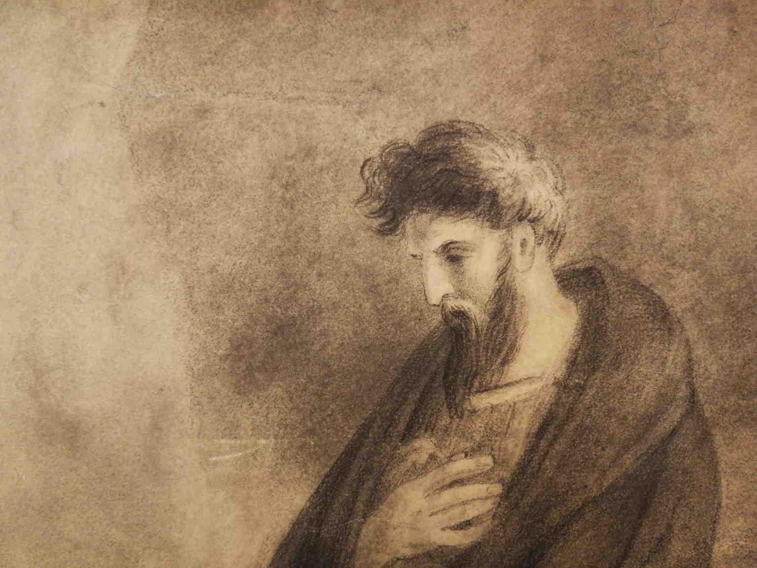 Disegno matita su carta, 45 x 68 cm; con cornice dorata 72 x 94 cm.

La scena si svolge sulla costa, nel punto in cui il mare tempestoso lambisce la terraferma, che si presenta rocciosa e dalla natura selvaggia. La composizione è dominata da una