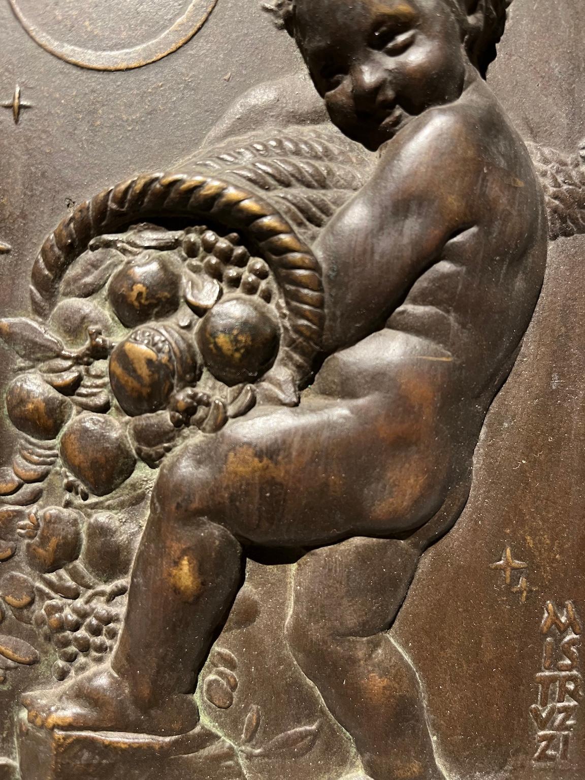 Allegorical bas-relief in bronze and wood with putto and cornucopia For Sale 3