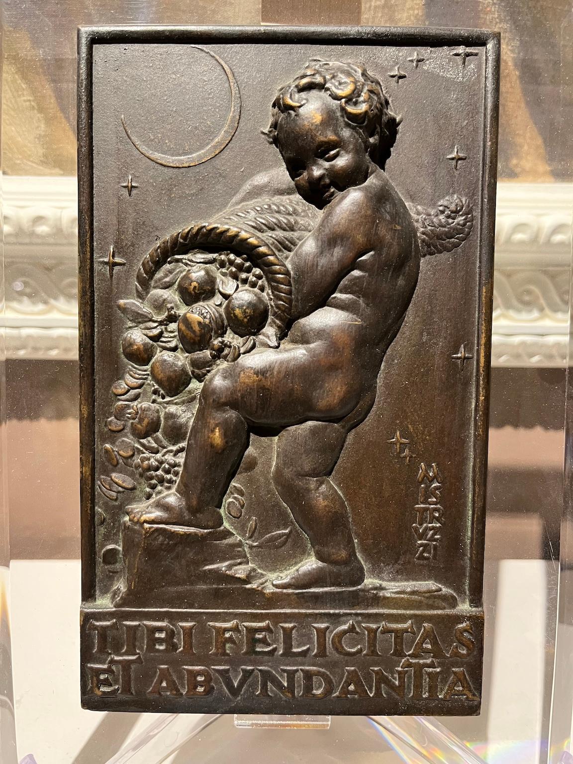Allegorical bas-relief in bronze and wood with putto and cornucopia For Sale 2