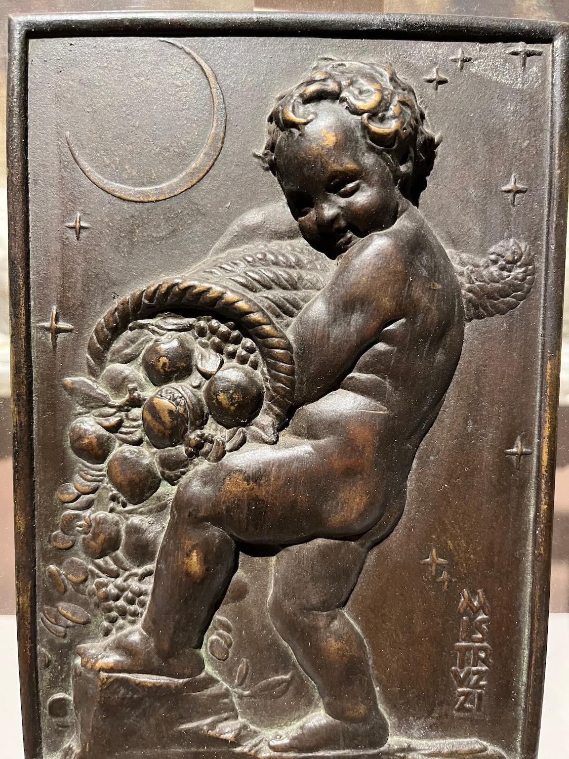 Allegorical bas-relief in bronze and wood with putto and cornucopia - Other Art Style Art by Aurelio Mistruzzi