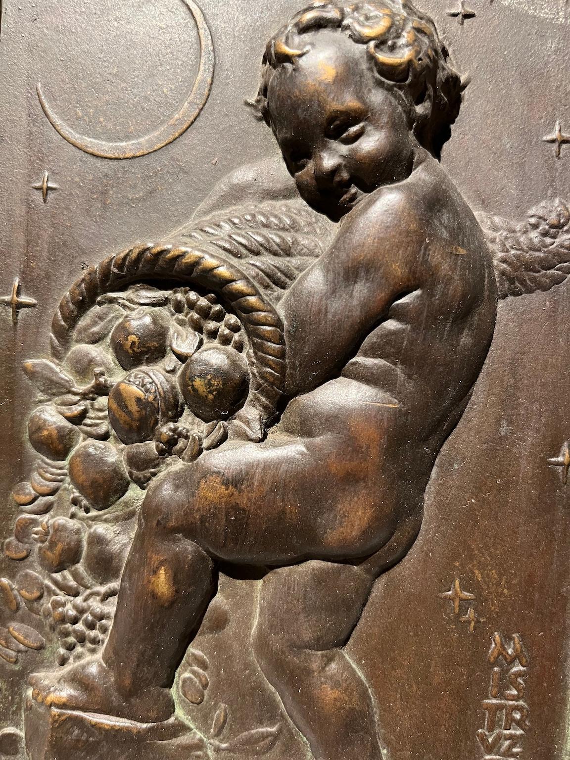 Allegorical bas-relief in bronze and wood with putto and cornucopia For Sale 4