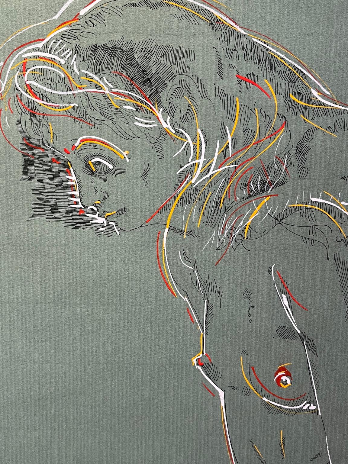 Disegno ritratto figurativo espressionista nudo femminile toscano del XX secolo - Art di Ladislao Nocentini