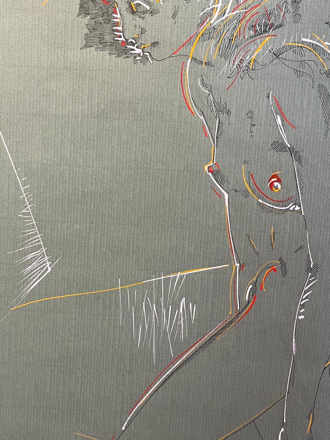 Il disegno, penna con inchiostri di diversi colori su carta, è firmato e datato L.E.L. 91. 
La carta si presenta di un bel colore verde, anche se alla luce delle foto e del video può assumere sfumature diverse.

Rappresenta una figura femminile