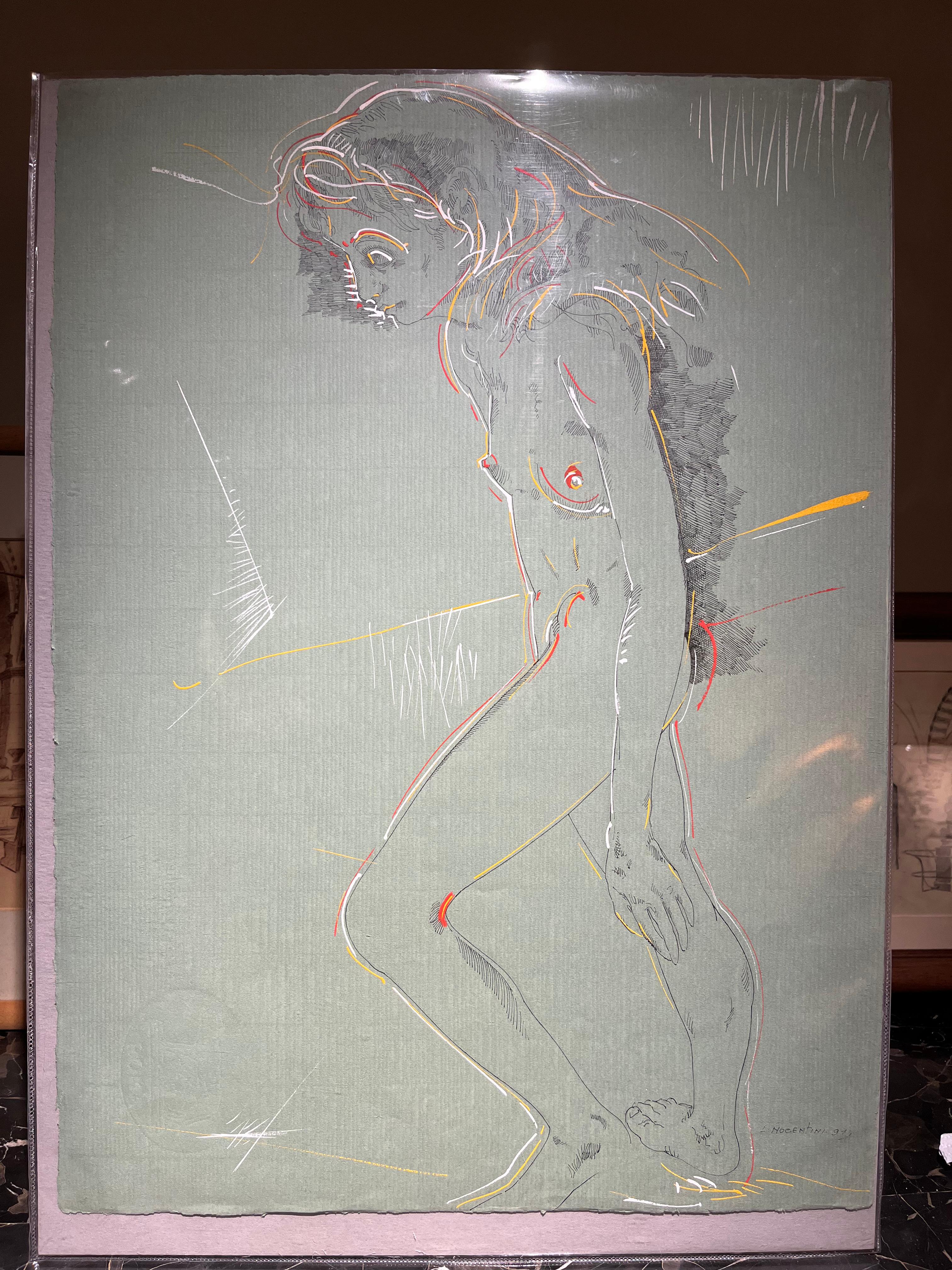 Disegno ritratto figurativo espressionista nudo femminile toscano del XX secolo