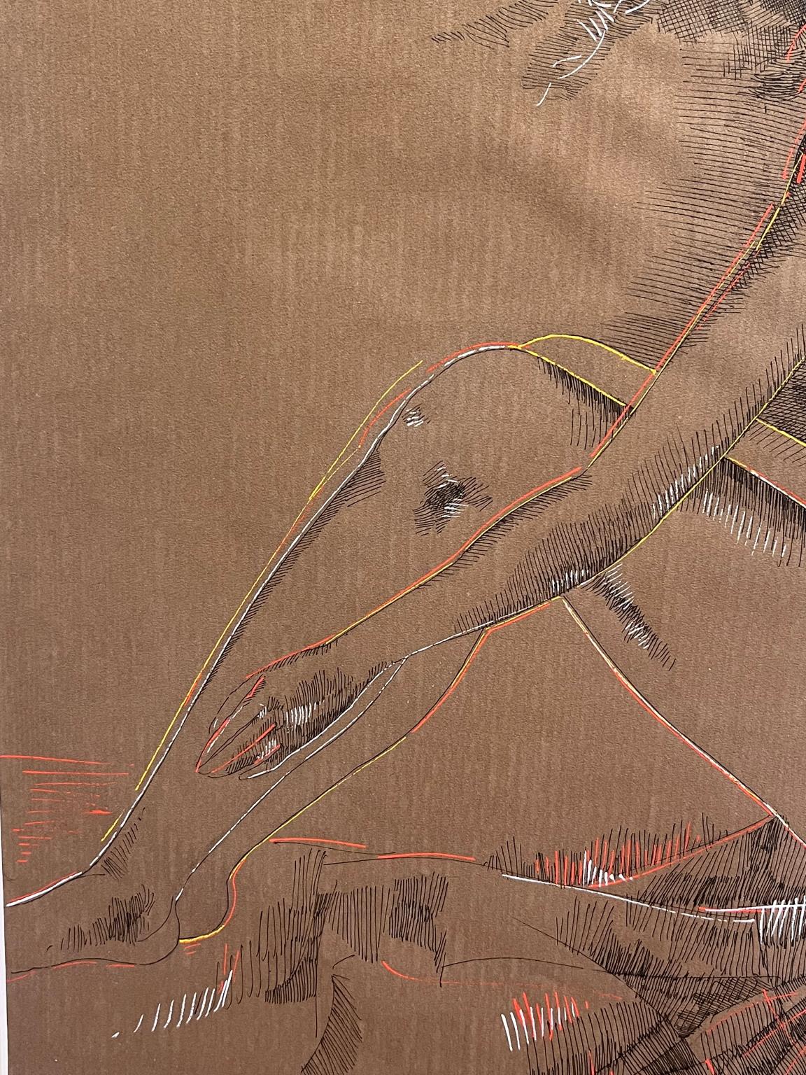 Disegno ritratto figurativo espressionista nudo femminile toscano del XX secolo - Portrait Painting Marrone di Ladislao Nocentini