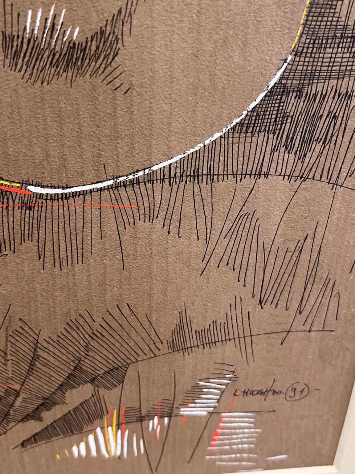 Il disegno, penna con inchiostri di diversi colori su carta, è firmato e datato L.E.L. 91. La carta si presenta di un bel colore marrone nocciola, anche se con la luce del video e della foto può assumere una diversa sfumatura.


Rappresenta una
