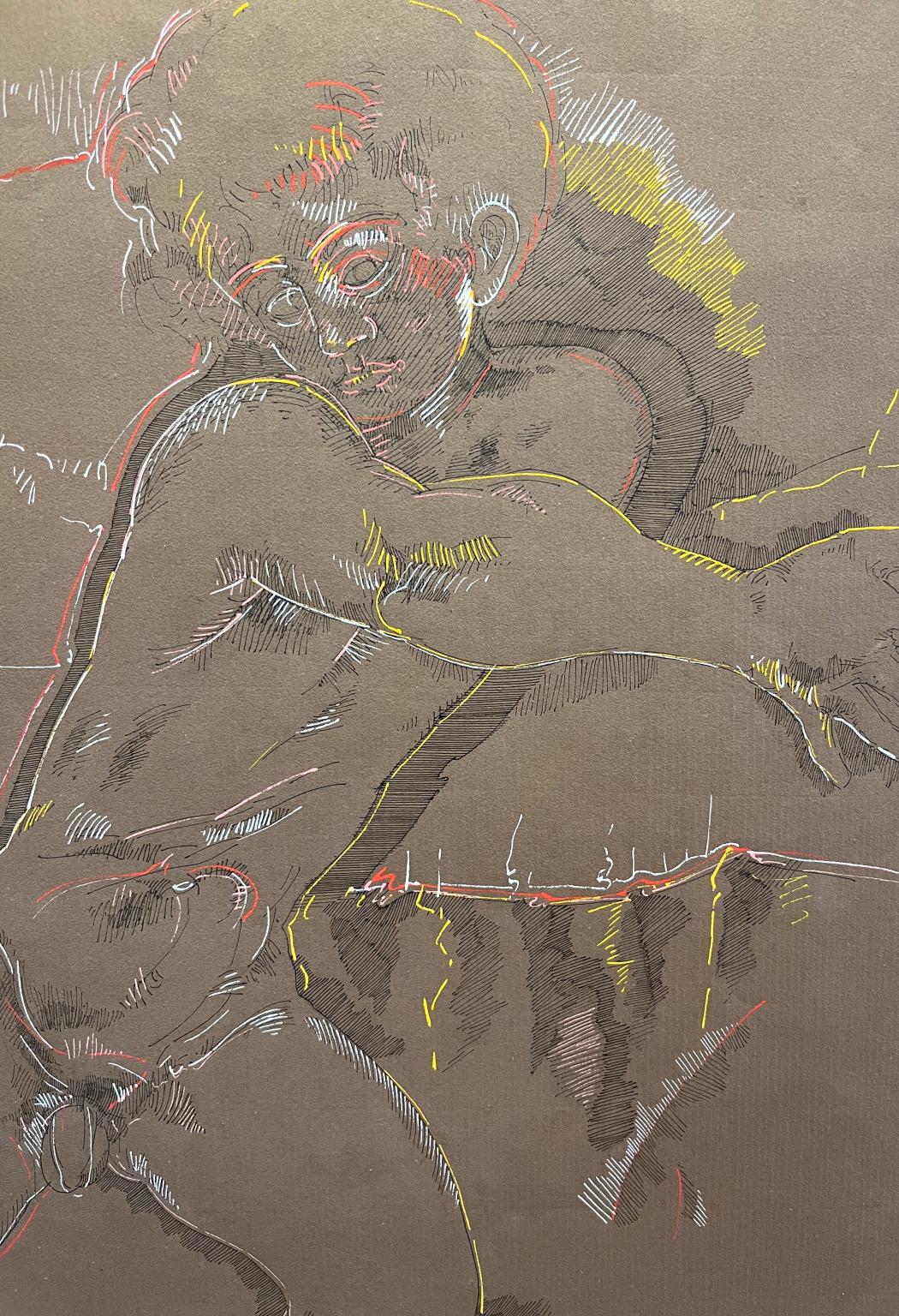 Disegno figurativo espressionista ritratto maschile nudo toscano del XX secolo - Art di Ladislao Nocentini