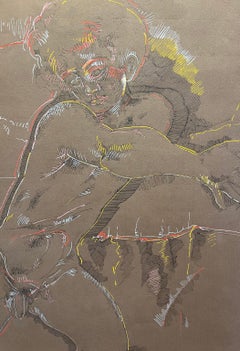 Disegno figurativo espressionista ritratto maschile nudo toscano del XX secolo