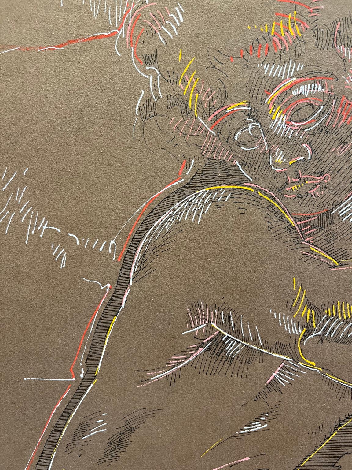 Disegno figurativo espressionista ritratto maschile nudo toscano del XX secolo - Art Espressionista di Ladislao Nocentini