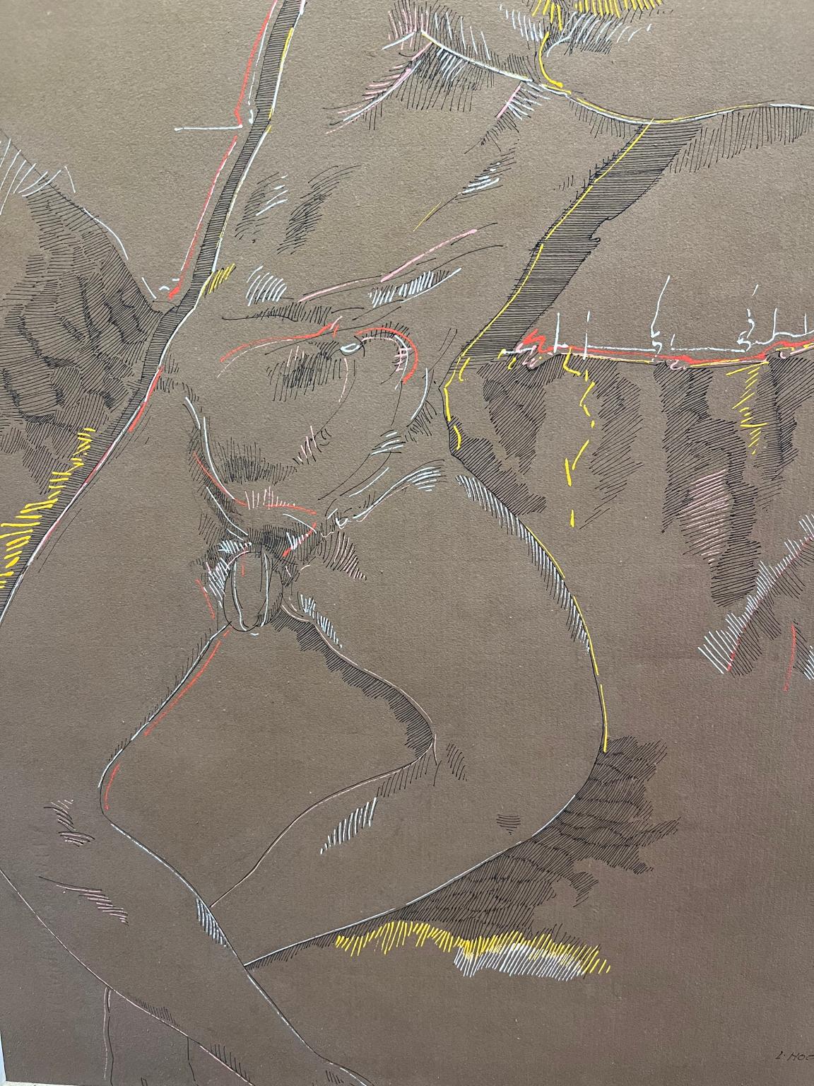 Disegno figurativo espressionista ritratto maschile nudo toscano del XX secolo - Nude Marrone di Ladislao Nocentini