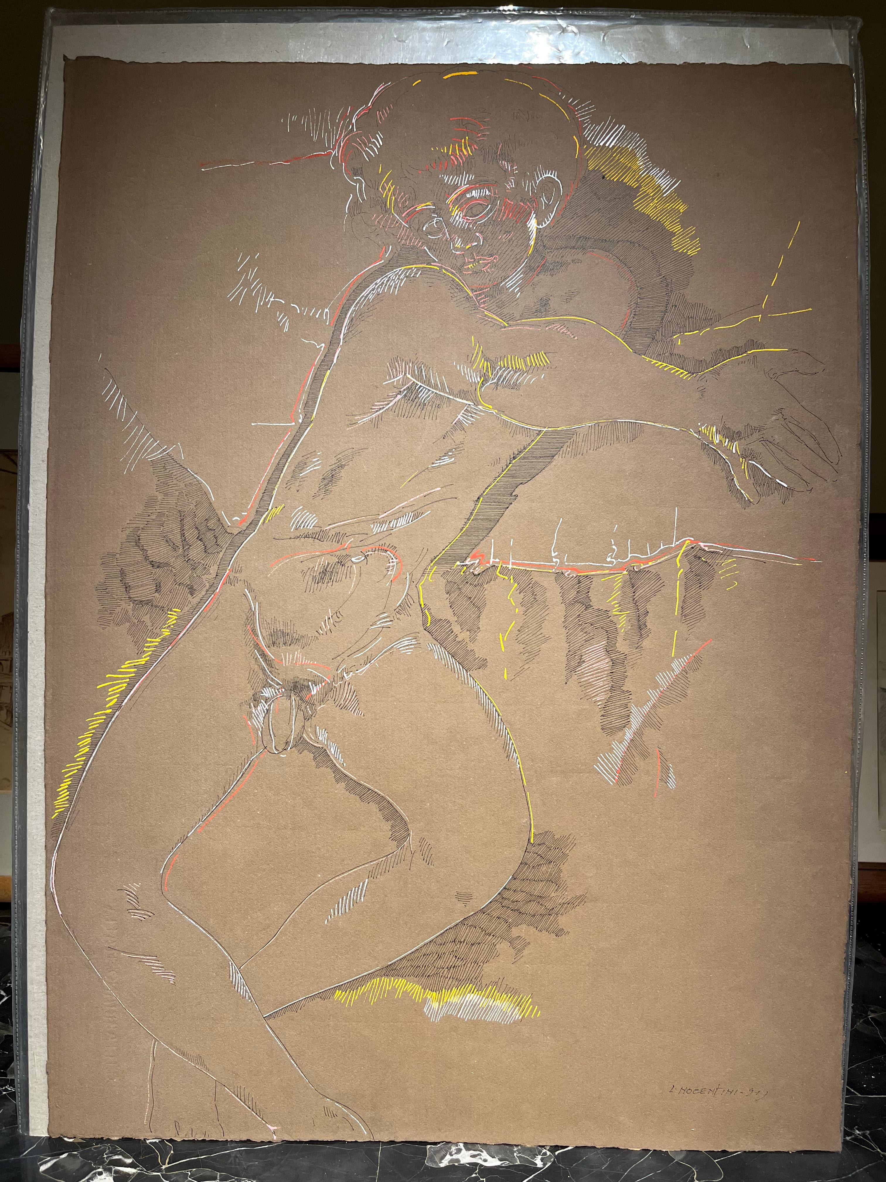 Disegno figurativo espressionista ritratto maschile nudo toscano del XX secolo