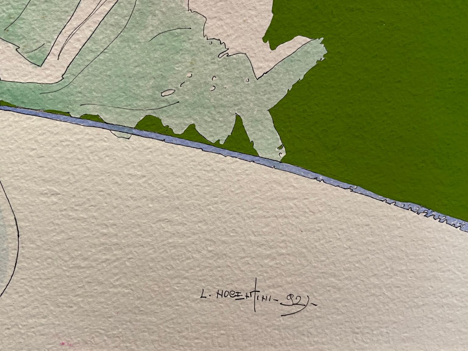 Il disegno, penna e acquerello su carta, è firmato e datato L. NOCENTINI 92 Ricci rappresenta una figura femminile con i capelli corti ricci, seduta raggomitolata.
Lo stile di Ladislao Nocentini può essere definito come una sorta di espressionismo