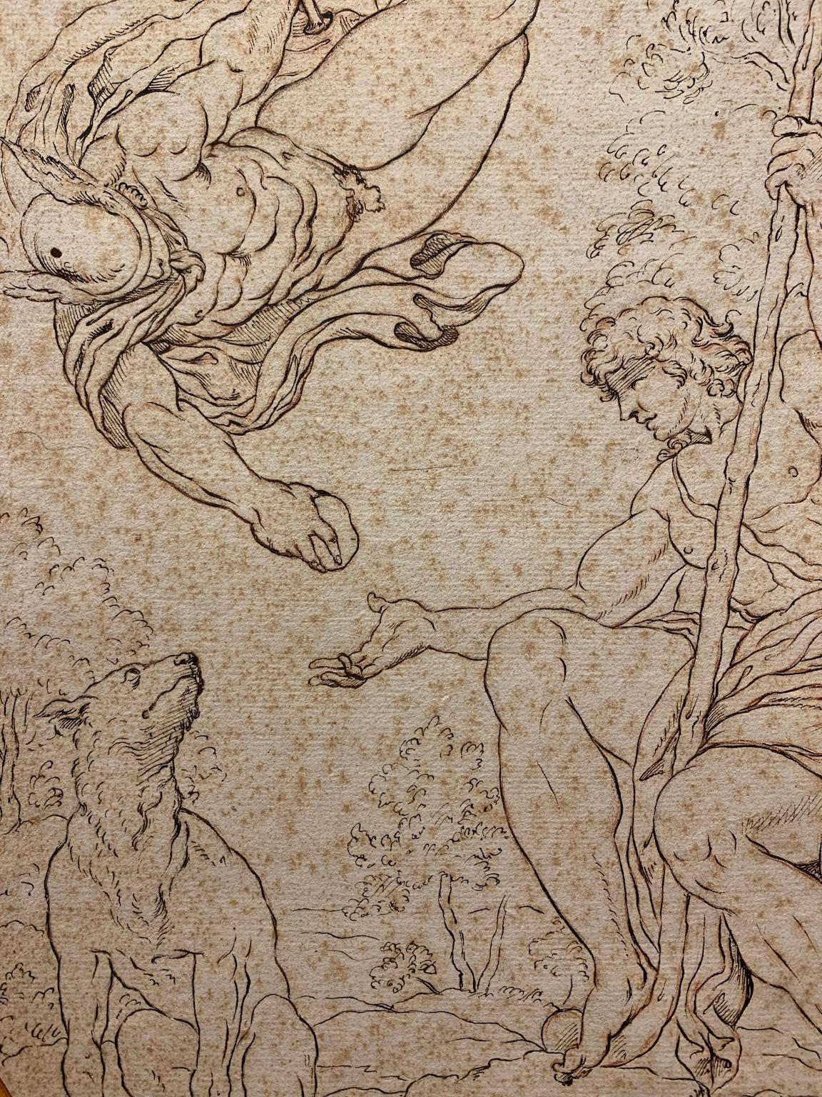 Dibujo mitológico pluma sobre papel inspirado en los frescos de Annibale Carracci en venta 1