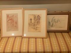 Three figurative landscape drawings 20th century view of Florence