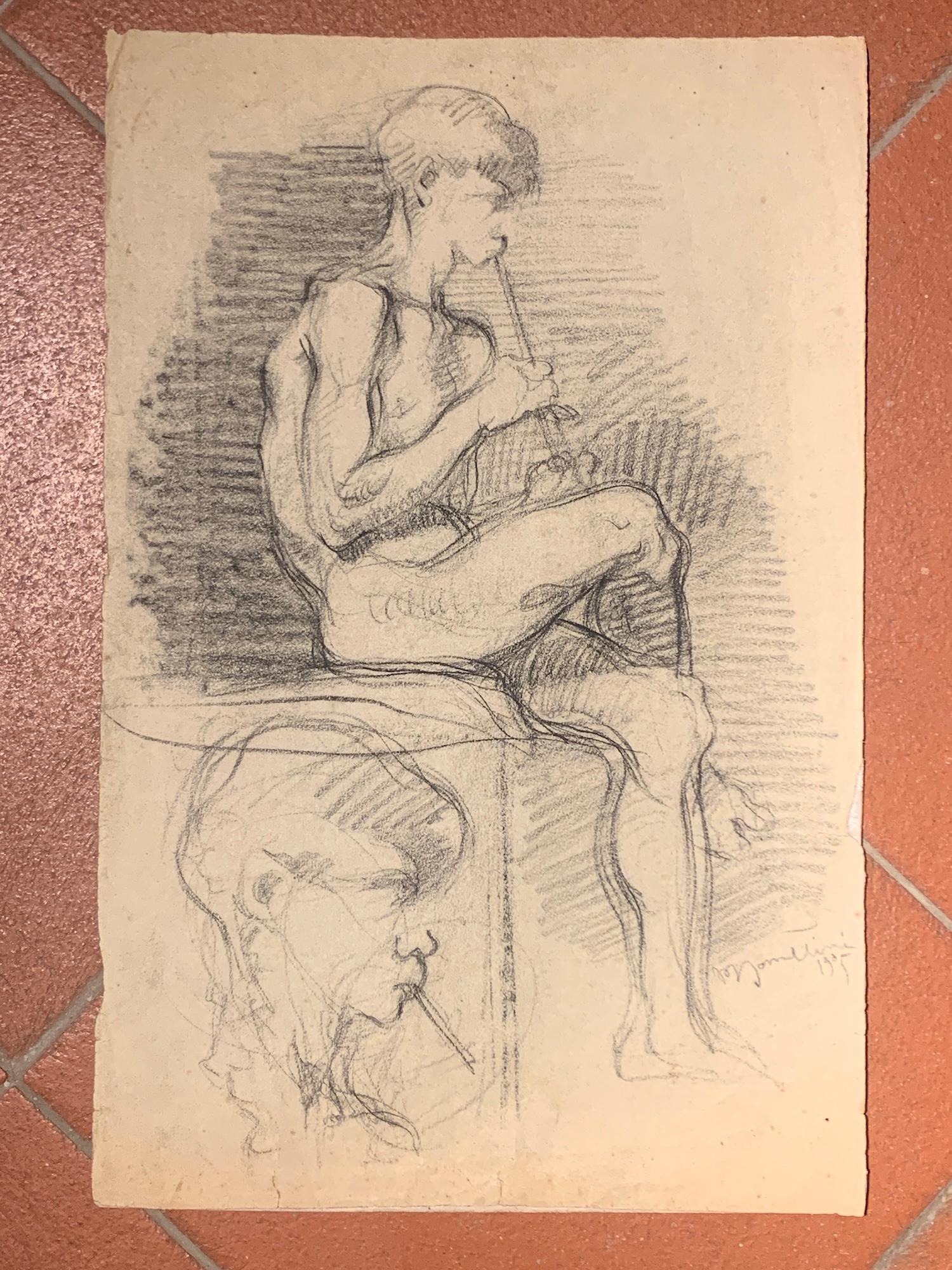 Disegno figurativo ritratto maschile nudo toscano del XX secolo pastello
