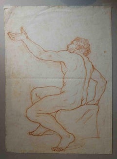Disegno figurativo ritratto virile nudo italiano del XIX secolo sanguigna