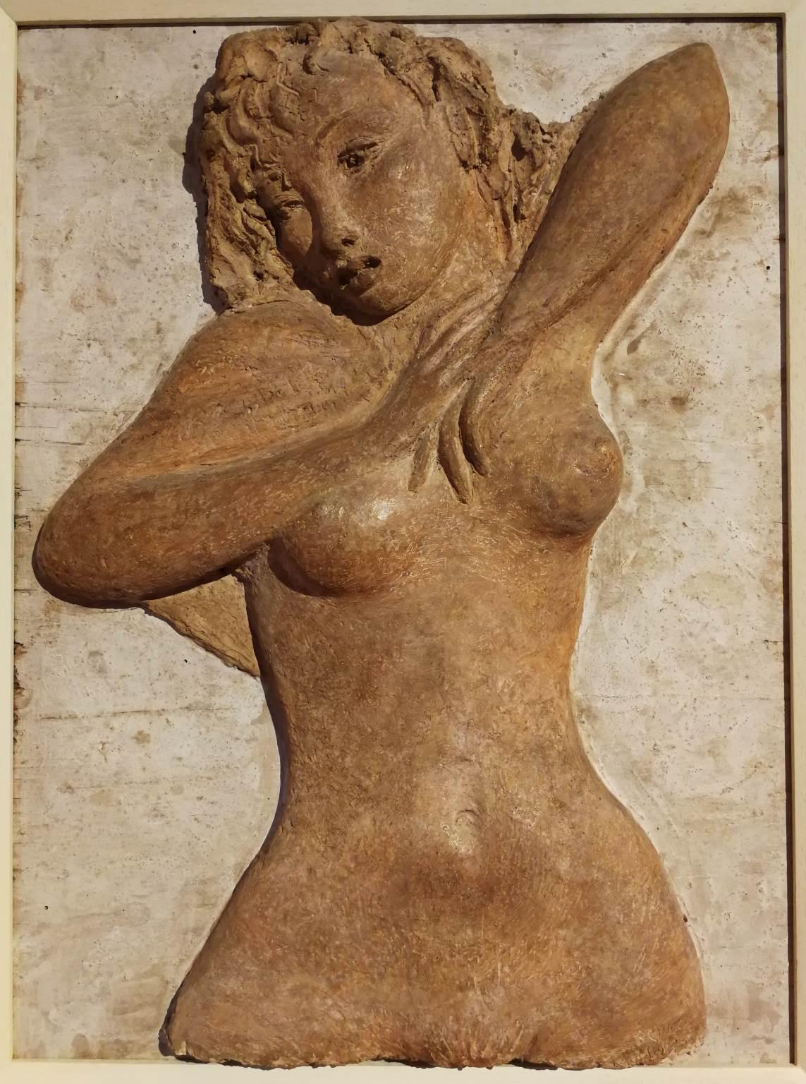 Signed Bruno Innocenti Female Nude Sculpture Relief 20 century plaster wood