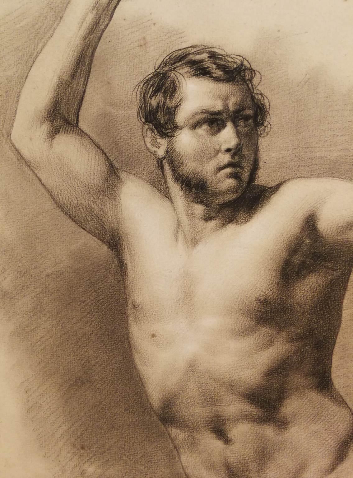 Signed Eliseo Sala Male Nude Academia Drawing 19 century chalk paper