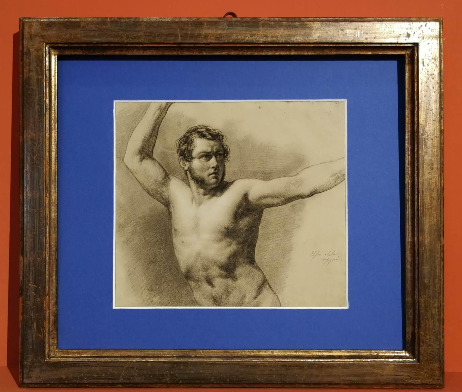 Signed Eliseo Sala Male Nude Academia Drawing 19 century chalk paper For Sale 1