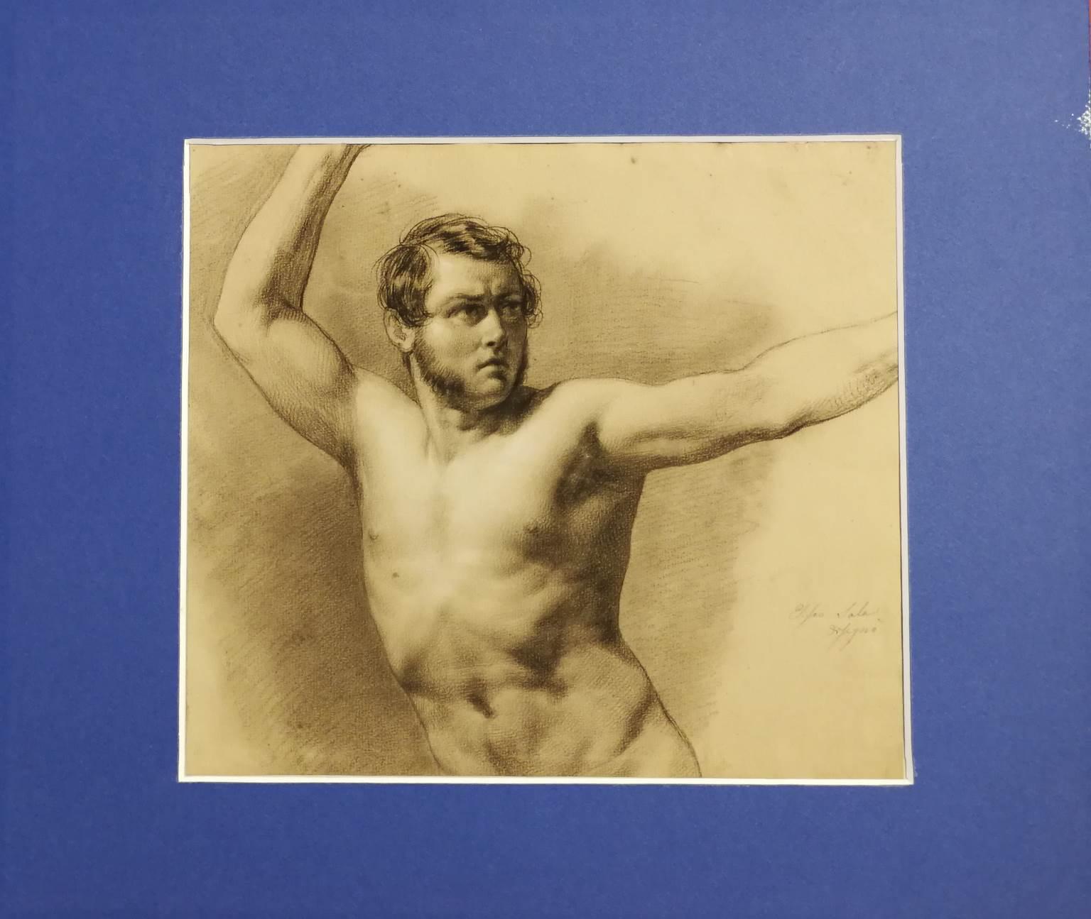Signed Eliseo Sala Male Nude Academia Drawing 19 century chalk paper For Sale 2
