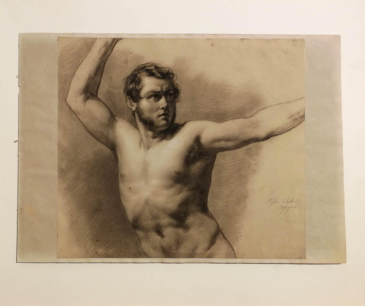 Signed Eliseo Sala Male Nude Academia Drawing 19 century chalk paper For Sale 3