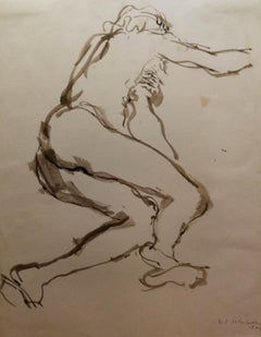 Vintage R. A. Salimbeni, Nude, 1942, watercolor ink on paper, signed and dated