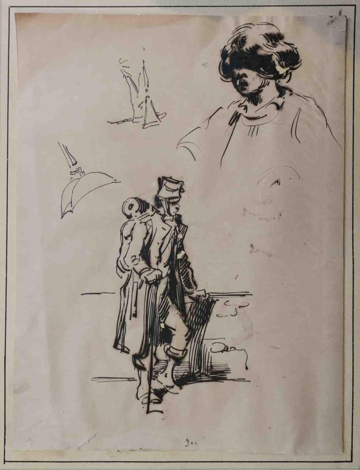 Attributed H Bellangé Figurative Drawing 19 century ink paper