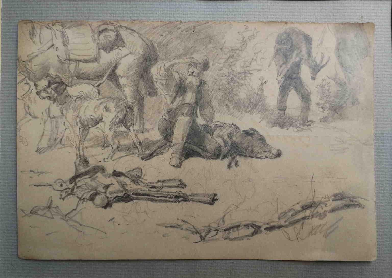 Signed Andrea Markò Hunting Drawing 19 century pencil paper