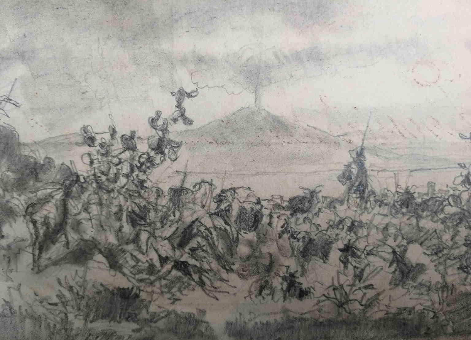 Signed Andrea Markò Volcano Landscape Drawing 19 century pencil paper